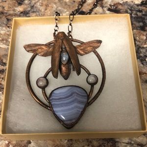 Electroformed Jeweled beetle with moonstone and blue lace agate necklace